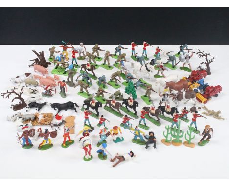 Collection of mixed metal and plastic figures to include Britains Farm Series, Britains Deetail WW2 Soldiers, Britains Trojan