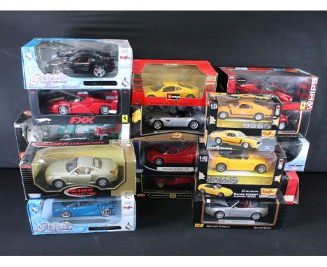 17 Boxed diecast models to include 5 x Mattel Hot Wheels featuring Elite Ferrari FXX, 6 x Maisto, 1 x Mira, 2 x Tunerz, 1 x M