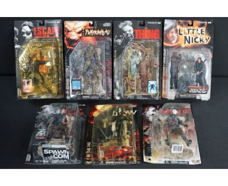 Six carded McFarlane Movie Maniacs figures to include The Thing Norris Creature with spider, The Crow Eric Draven, Escape Fro