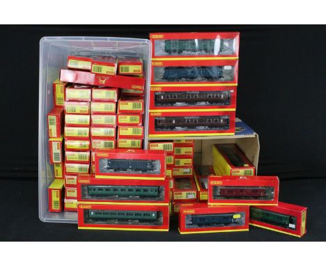 69 Boxed Hornby OO gauge items of rolling stock to include R6484 KFA Container Wagon 93478, R4235 BE ex LMS Corridor 3rd Clas