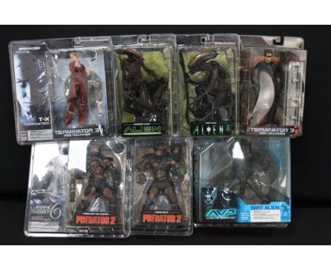 Seven carded McFarlane Movie related and Movie Maniacs figures to include Alien 3 Dog Alien, Alien Resurrection Warrior Alien