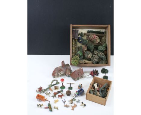 Collection of wooden figures and accessories, believed to be Erzgebirge examples to include rocking horse, bird house, dog, d