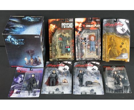 Seven carded movie related figures to include 2 x McFarlane Movie Maniacs (Psycho Norman Bates &amp; Childs Play 2 Chucky), 3