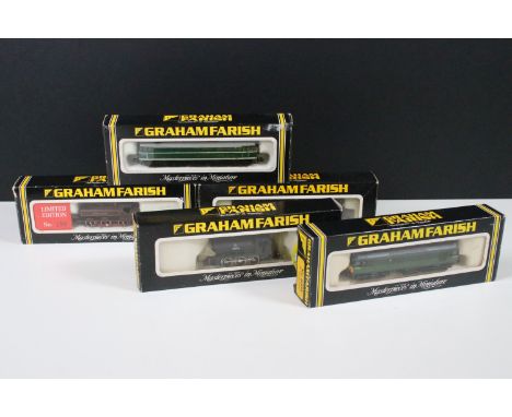 Five boxed Graham Farish N gauge locomotives to include 8064 Class 31 Diesel BR green, 1205 4P Class Tender Loco BR, LE 111A 
