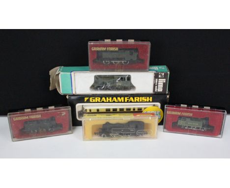 Six boxed / cased N gauge locomotives to include 4 x Graham Farish featuring No 8174 GWR Diesel Railcar brown &amp; cream, Ho