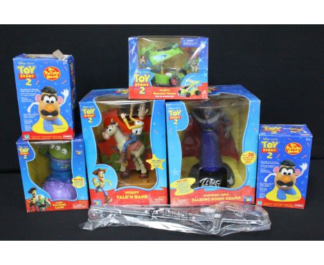 Six boxed Disney Toy Story related toys to include Emperor Zurg Talking Room Guard, Mattel Andy's Roamin' Room, Woody Talk'N 