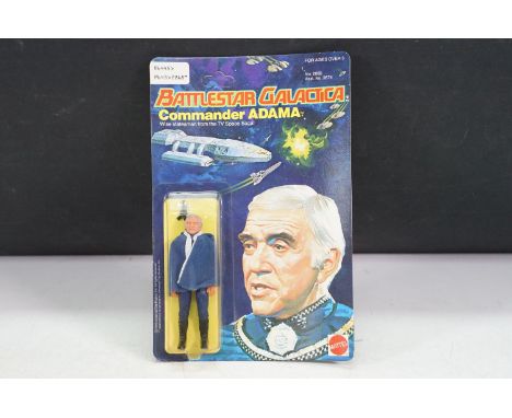 Carded Mattel Battlestar Galactica Commander Adama figure, unpunched, bubble ex, some card bend but no creasing, vg