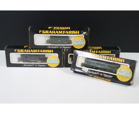 Four boxed Graham Farish 5 Pole Motor N gauge locomotives to include 8304 BR Class 25 Diesel (Green), 1606 Prairie Tank BR (B