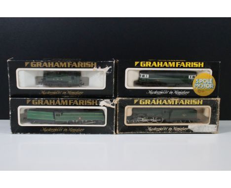 Four boxed Graham Farish N gauge locomotives to include 1447 Monmouth Castle No. 5037, 1503 Merchant Navy SR, 1104 Pannier Ta