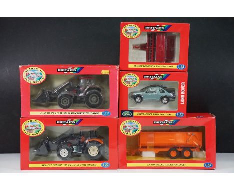 Five boxed Britains 1/32 Authentic Farm Models to include 00228 CASE IH MX 110 Maxxum Tractor with loader (box edge wear), 42