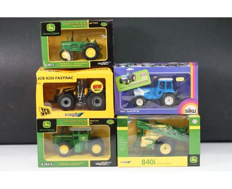 Five boxed farming diecast models to include 4 x Britains / ERTL featuring 42103 John Deere 7020 4WD Tractor, 42336 John Deer
