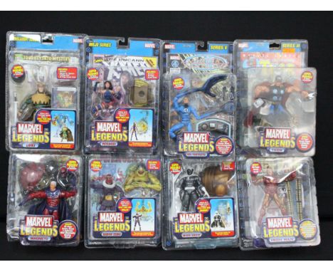 Eight carded Toy Biz Marvel Legends figures to include Mr Fantastic, Magneto, Loki, Thor, Moon Knight, Iron Man, Baron Zemo a