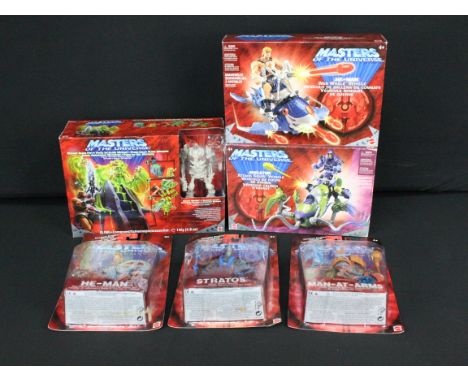 Six boxed / carded Mattel Masters of the Universe figures and accessory sets to include Skeletor Attack Squid Vehicle, He Man