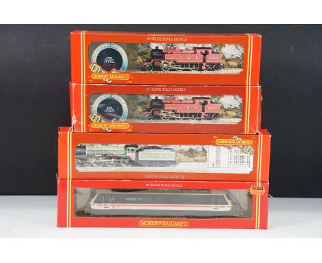 Four boxed Hornby OO gauge locomotives to include R053 LNER Class B17 Loco Manchester United, R055 LMS Class 4P Loco 2-6-4 Ta