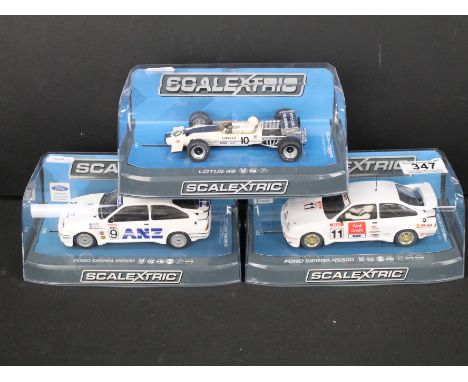 Three cased Scalextric slots cars to include C3781 Ford Sierra RS500 BTCC Brands Hatch 1990 No 11 Rob Gravett, C3910 Ford Sie
