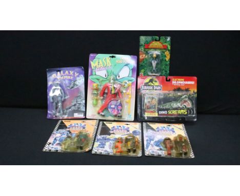 Seven carded TV &amp; Film related figures to include Kenner Jurassic Park Electronic Dilophosaurus 'Dino Screams', Toy Islan