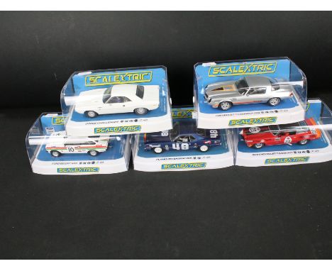 Five cased Scalextric slot cars to include C4208 Ford Escort mkII Castrol Edition Goodwood Members Meeting 2019, C3935 Dodge 