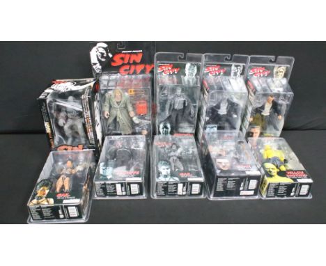 Eight carded Neca Reel Toys Sin City figures to include 2 x Marv (variants), 2 x Gail (variants), Yellow Bastard, Manute, Kev