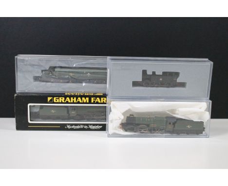 Three cased Graham Farish N gauge locomotives to include 372-177 8P City of Leicester 46252 BR green l/crest, 371-175 Class 4