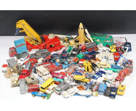 Quantity of play worn mid 20th C diecast models to include Corgi, Matchbox and Dinky plus a Transformer type 'Jet Heli' robot