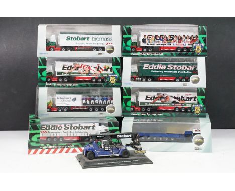 Eight boxed / cased Oxford Diecast Eddie Stobart diecast models to include 3 x Super League Rugby, 4 x Haulage and 1 x SP043 