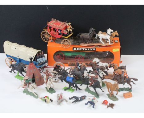 Collection of plastic figures to include boxed Britains Wild West Buckboard No. 7617, Britains Wild West No. 7616 Pioneer Cov
