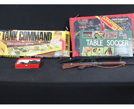 Collection of various items to include boxed Tank Command game with tanks, boxed Table Soccer game, Hornby Railway Electric T