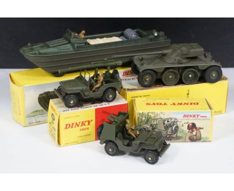 Four boxed French Dinky military diecast models to include 825 DUKW, 827 Panhard FL 10, 829 Jeep Porte Canon and 828 Jeep Por