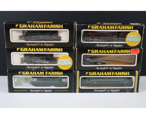 Six boxed Graham Farish N gauge locomotives to include 1606 Prairie Tank BR black, D348 Diesel green livery, 2-6-2 5153 in gr