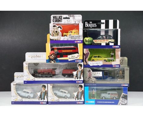Nine boxed Corgi TV / Film / Music related diecast models to include 3 x Harry Potter (CC99724 &amp; 2 x CC99725), Dad's Army