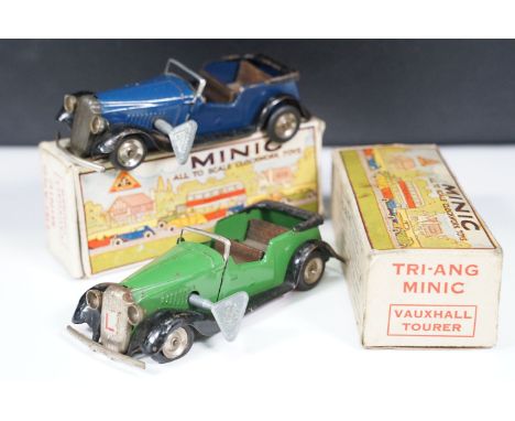 Two boxed Triang Minic Post War Vauxhall Tourer 17M tinplate and clockwork models to include dark blue colourway and green co