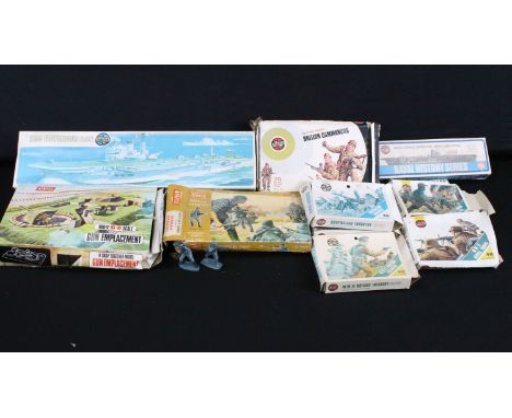 Ten boxed Airfix plastic model kits to include HMS Victorious, WWII Afrika Korps, WWII British Commandos, HMS Ark Royal, etc,