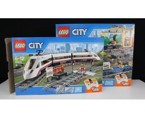 Lego - Two boxed Lego City sets featuring 60051 High-speed Passenger Train &amp; 60052 Cargo Train, previously built appearin