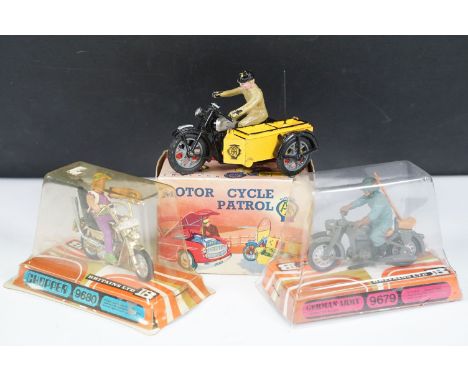 Two boxed Britains motorcycle models to include 9680 Chopper and 9679 German Army, model sex, boxes gd with some discolouring