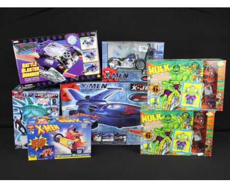 Seven boxed Marvel figure, play sets and vehicles to include 3 x Toy Biz X Men The Movie (Electronic X Jet, Wolverine X Cycle