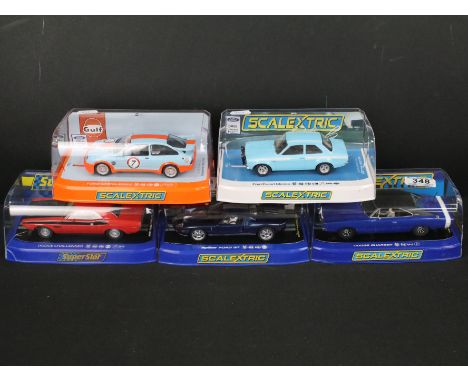 Five cased Scalextric slot cars to include C2984 Ford GT Top Gear, C4231 Ford Sierra RS500 Gulf Edition Richard Millar, Super
