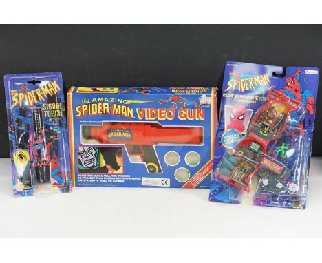 Three boxed / carded Spider-Man related toys to include Jotastar Marvel Entertainment Group The Amazing Spider-Man Video Gun,
