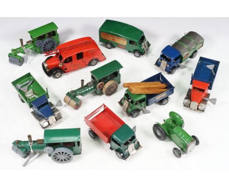 11 Triang Minic Post-War tinplate and clockwork models to include Dust Cart 32M with blue cab and green body, 2 x Tipper Truc