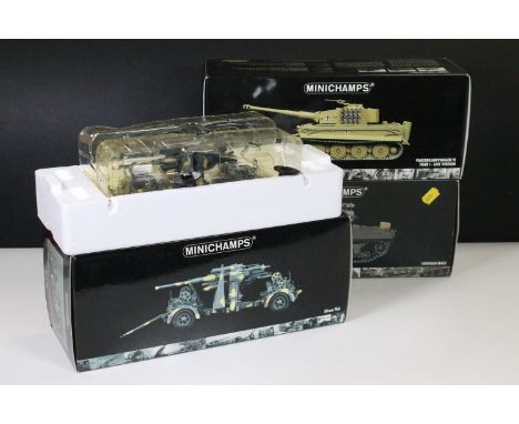 Three boxed Pauls Model Art Minichamps military diecast models to include Sherman M4A3, Panzerkampfwagen VI Tiger I Late Vers