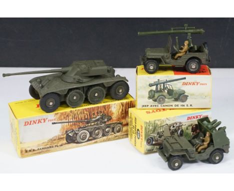 Three boxed French Dinky military diecast models to include 827 Panhard FL 10, 829 Jeep Porte Canon and 828 Jeep Porte Fusees