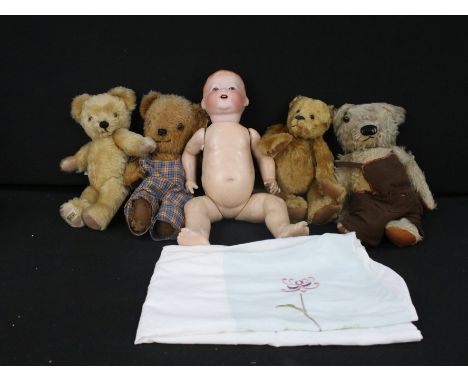 Collection of dolls and teddies to include Merrythought soft body teddy bear, Armand Marseille bisque headed doll, marked to 