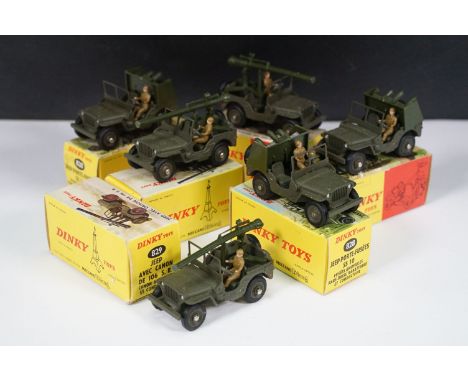 Six boxed French Dinky military diecast models to include 3 x 829 Jeep Porte Canon and 3 x 828 Jeep Porte Fusees, all ex with