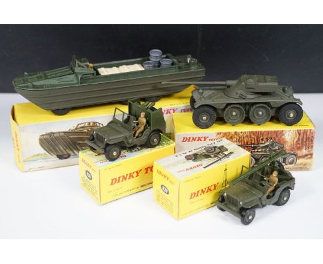 Four boxed French Dinky military diecast models to include 825 DUKW, 827 Panhard FL 10, 829 Jeep Porte Canon and 828 Jeep Por