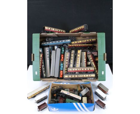 Around 80 OO gauge items of rolling stock to include coaches, wagons and vans featuring Triang, Hornby, Lima etc