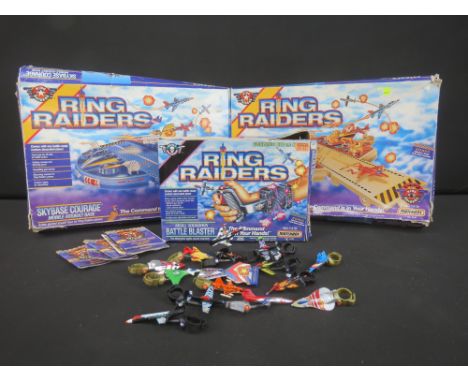 Three boxed Matchbox Ring Raiders play sets to include Skybase Freedom Mobile Recon Base, Skybase Courage Mobile Assault Base
