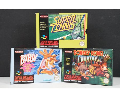 Retro Gaming - Three boxed Super Nintendo SNES games to include Super Tennis, Bubsy and Donkey Kong Country (all with instruc