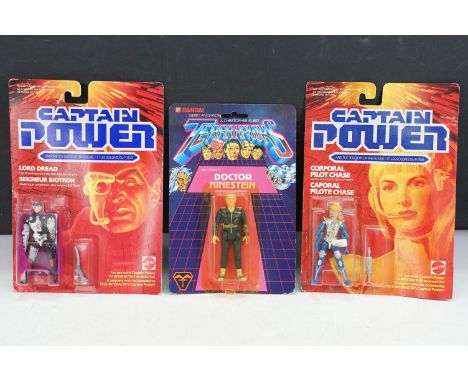 Carded Bandai Terrahawks Doctor Ninestein figure, vg with some bubble discolouring, plus 2 x carded Mattel Captain Power figu