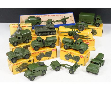 10 Boxed Dinky military diecast models to include 697 25 Pounder Field Gun Set, 2 x 643 Army Water Tanker, 735 Gloster Javeli