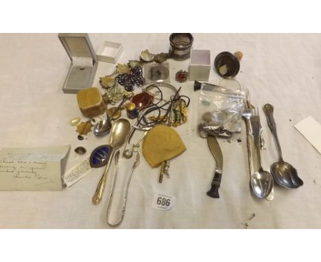 CARTON OF MIXED PLATED WARE, COSTUME JEWELLERY &amp; A PLATED CUP HOLDER