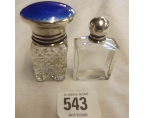 A SILVER &amp; BLUE ENAMEL TOP SALTS JAR &amp; SCENTED BOTTLE 1907